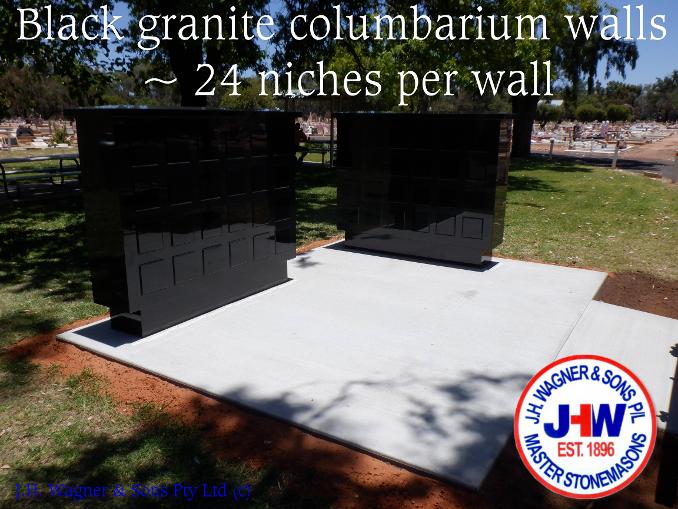 Black granite columbarium wall by JHW