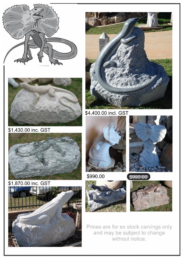 Crocodile, Goanna, Frill Neck Lizard granite sculpture from J H Wagner Toowoomba