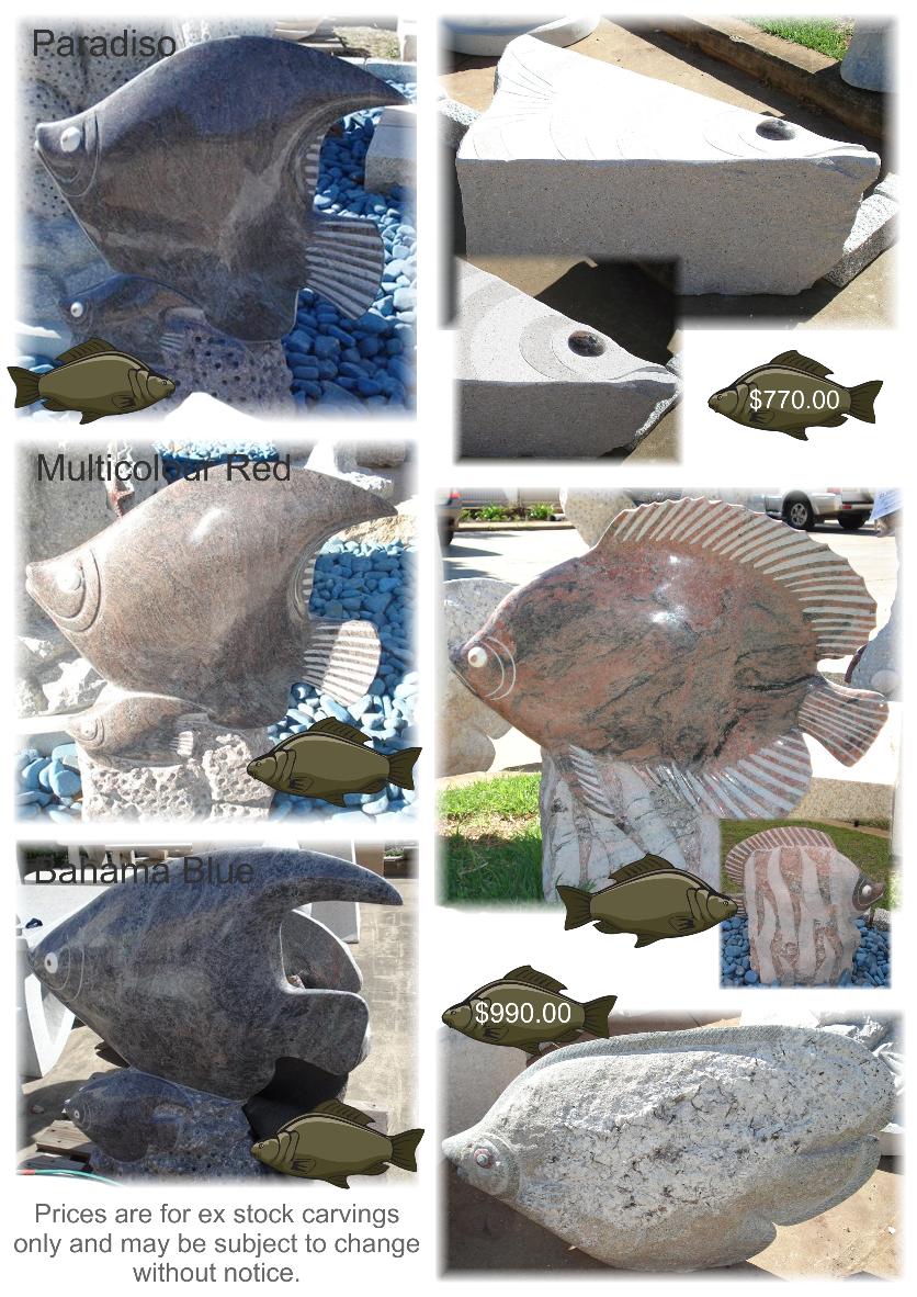 Fish carved garden items from J H Wagner